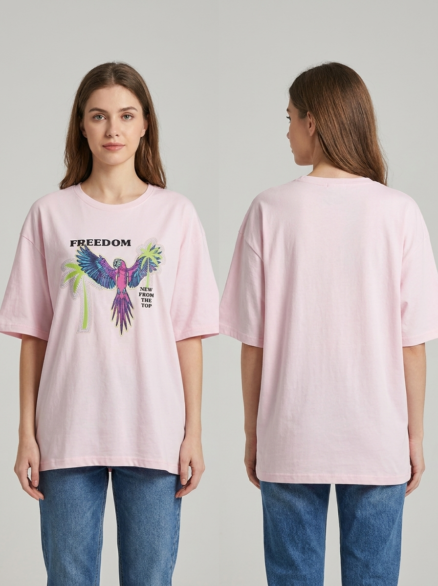 Women's Oversized Graphic Tee – Pink "Freedom" Parrot & Palm Edition