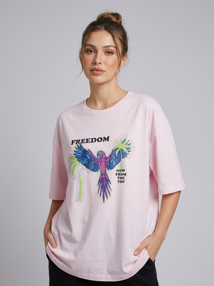 Women's Oversized Graphic Tee – Pink "Freedom" Parrot & Palm Edition