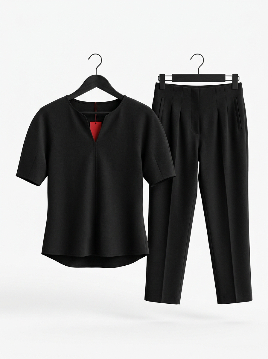 Women's Elegant Two-Piece Pant Set – Short Sleeve Peplum Top & Tailored Trousers