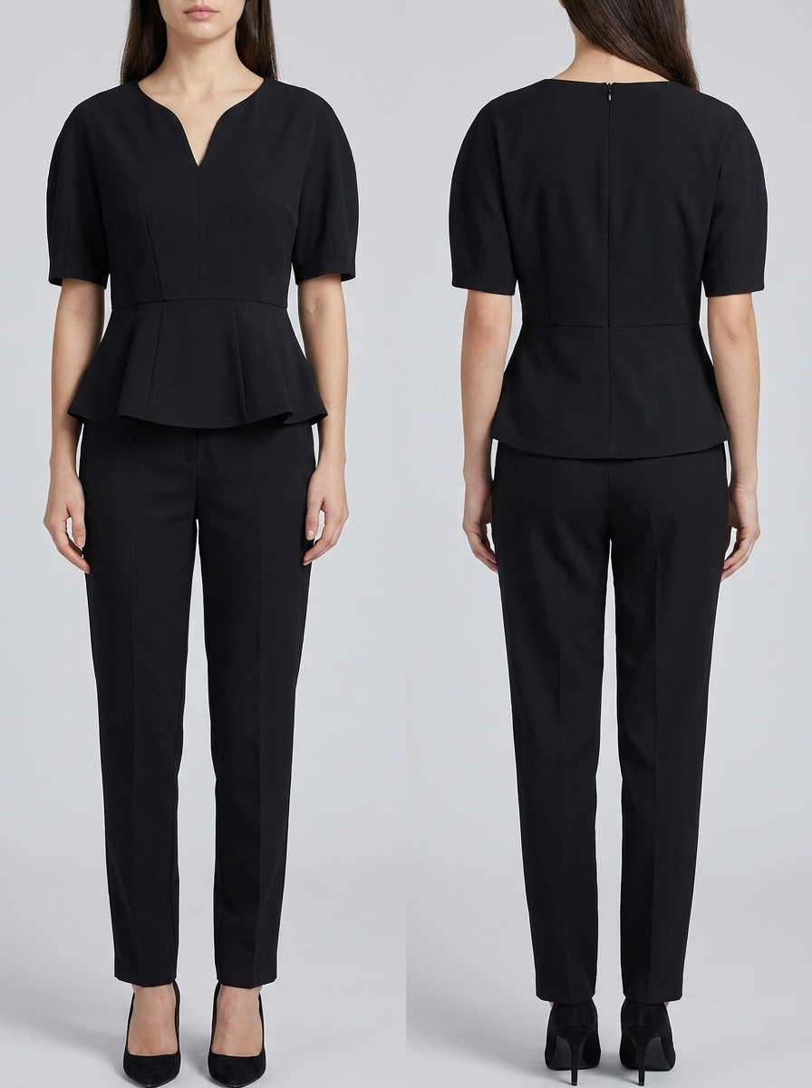 Women's Elegant Two-Piece Pant Set – Short Sleeve Peplum Top & Tailored Trousers