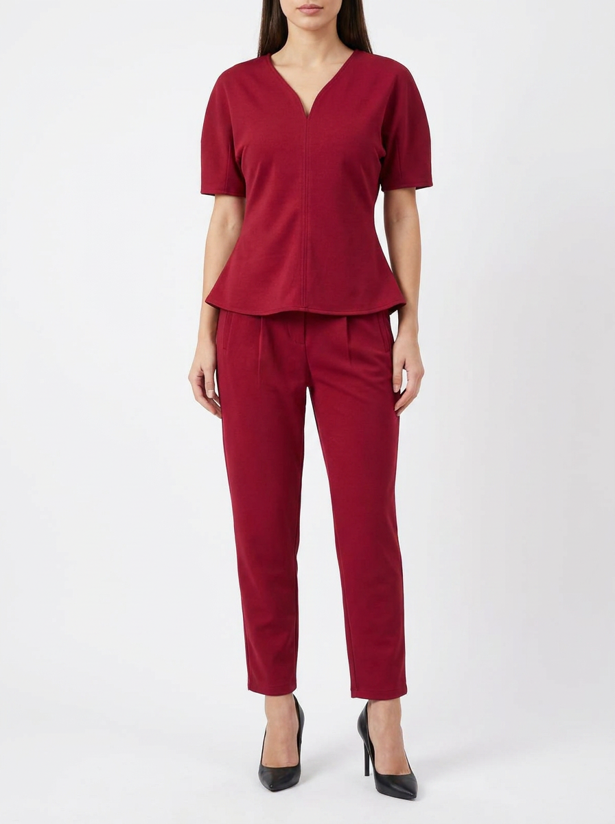 Women's Elegant Two-Piece Pant Set – Short Sleeve Peplum Top & Tailored Trousers