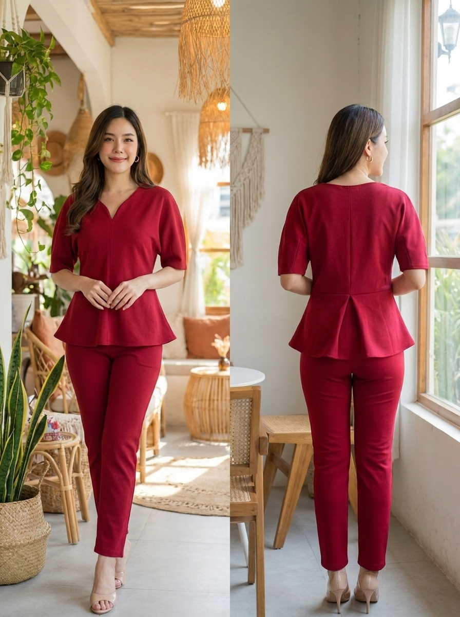 Women's Elegant Two-Piece Pant Set – Short Sleeve Peplum Top & Tailored Trousers