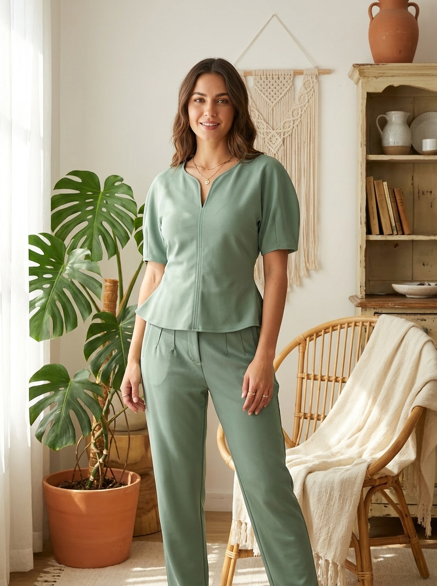 Women's Elegant Two-Piece Pant Set – Short Sleeve Peplum Top & Tailored Trousers