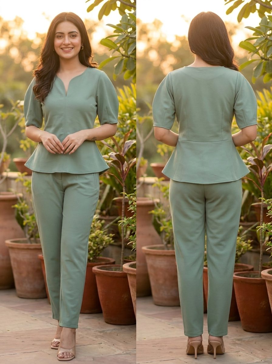 Women's Elegant Two-Piece Pant Set – Short Sleeve Peplum Top & Tailored Trousers