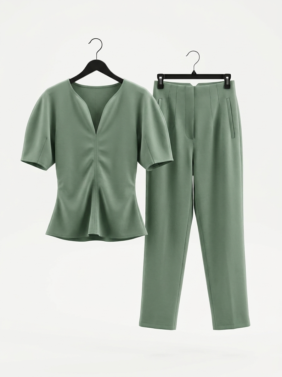 Women's Elegant Two-Piece Pant Set – Short Sleeve Peplum Top & Tailored Trousers