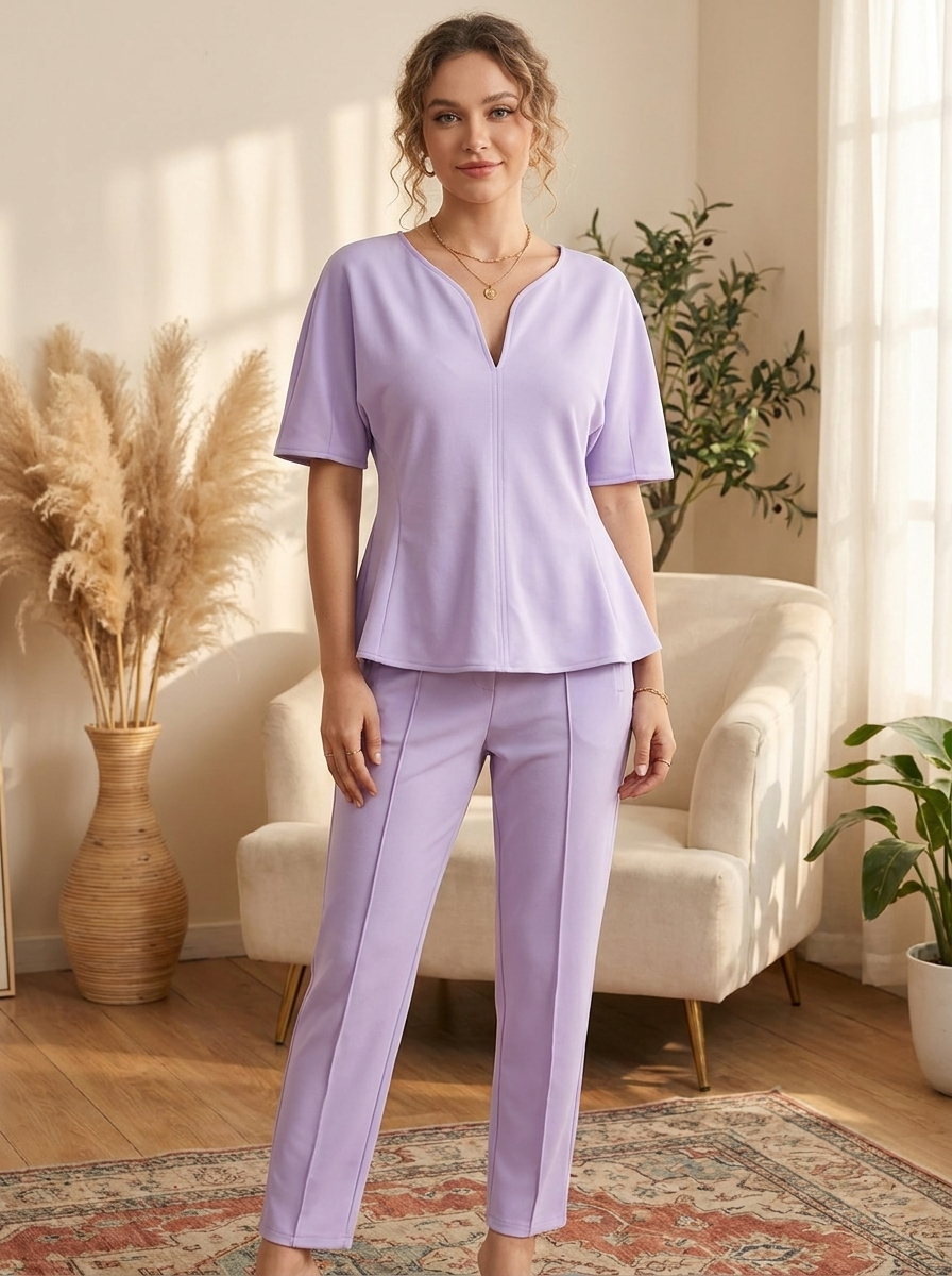 Women's Elegant Two-Piece Pant Set – Short Sleeve Peplum Top & Tailored Trousers