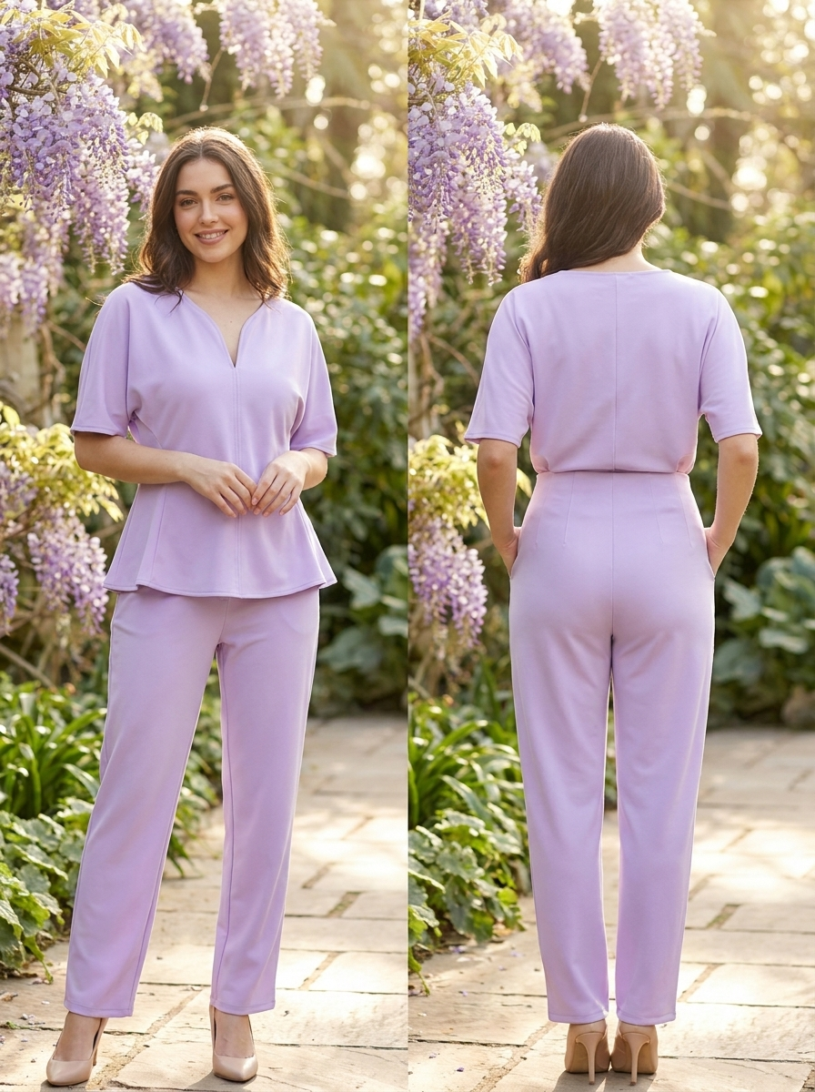 Women's Elegant Two-Piece Pant Set – Short Sleeve Peplum Top & Tailored Trousers
