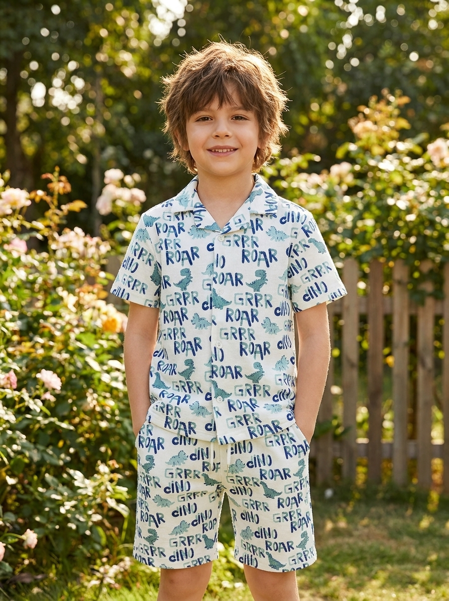 Boys Dinosaur Print Short Sleeve Shirt and Shorts Set