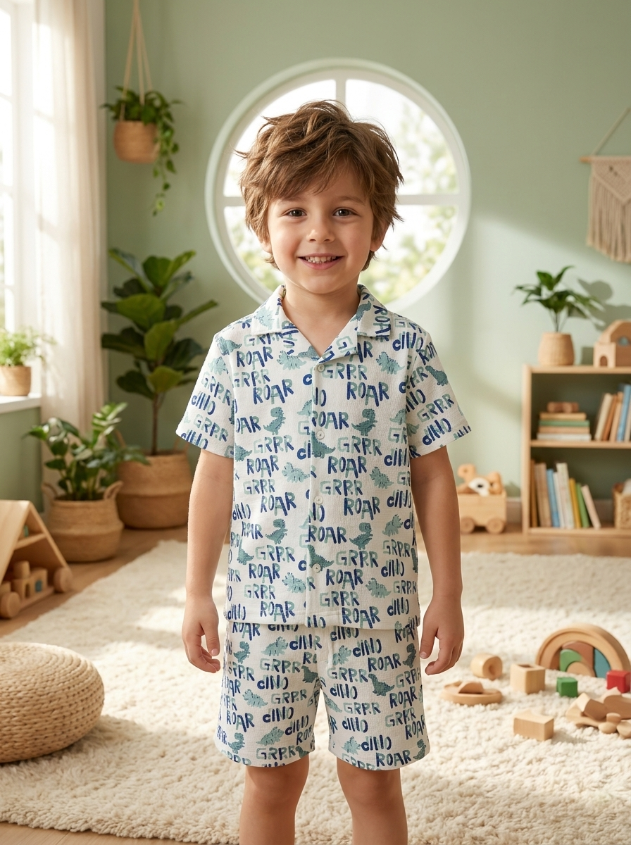 Boys Dinosaur Print Short Sleeve Shirt and Shorts Set