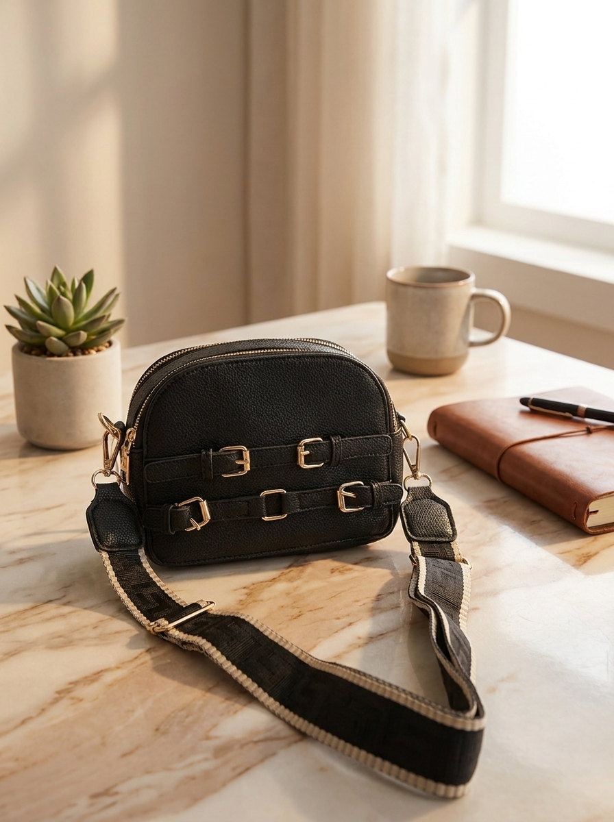 Women's Pebbled Crossbody Bag with Gold Buckles & Patterned Strap