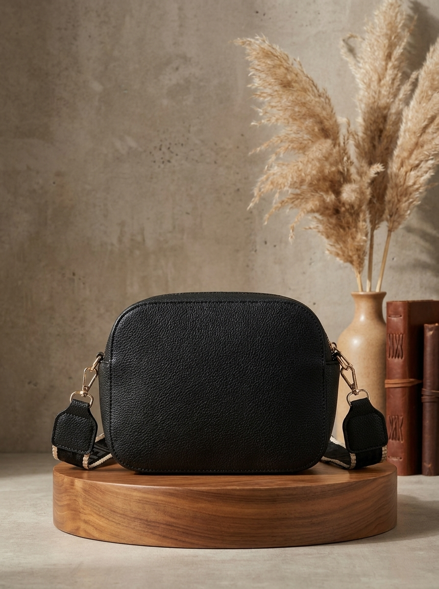 Women's Pebbled Crossbody Bag with Gold Buckles & Patterned Strap