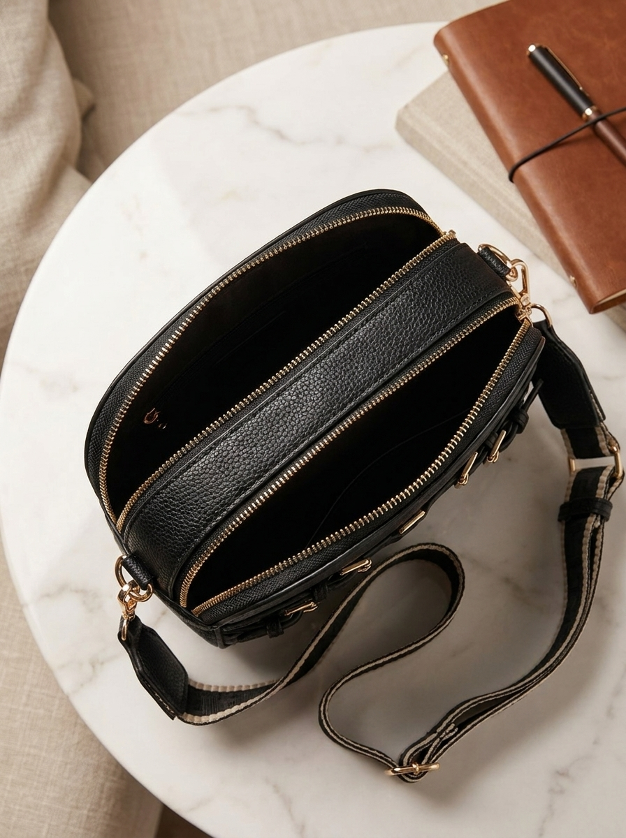 Women's Pebbled Crossbody Bag with Gold Buckles & Patterned Strap
