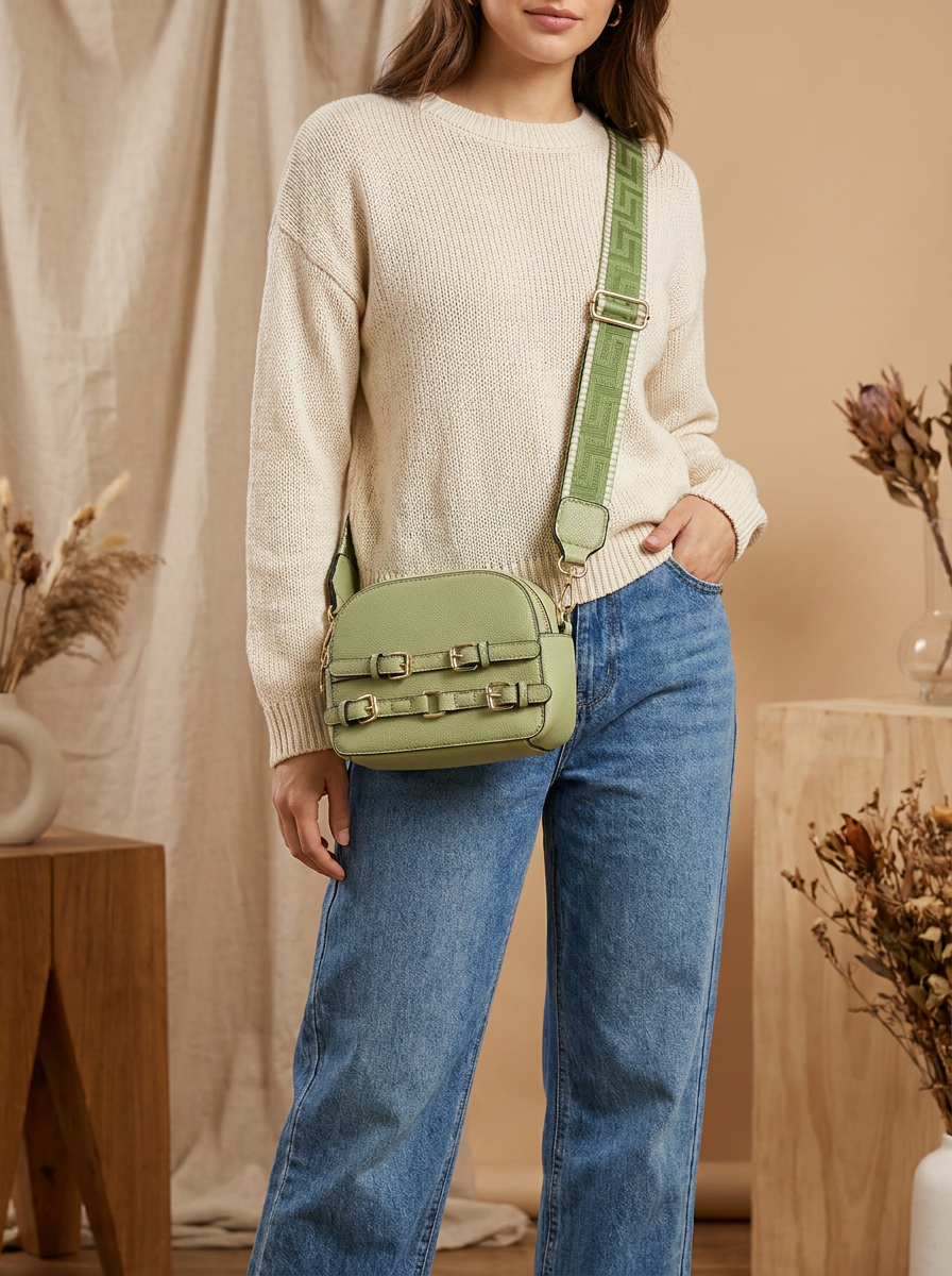 Women's Pebbled Crossbody Bag with Gold Buckles & Patterned Strap