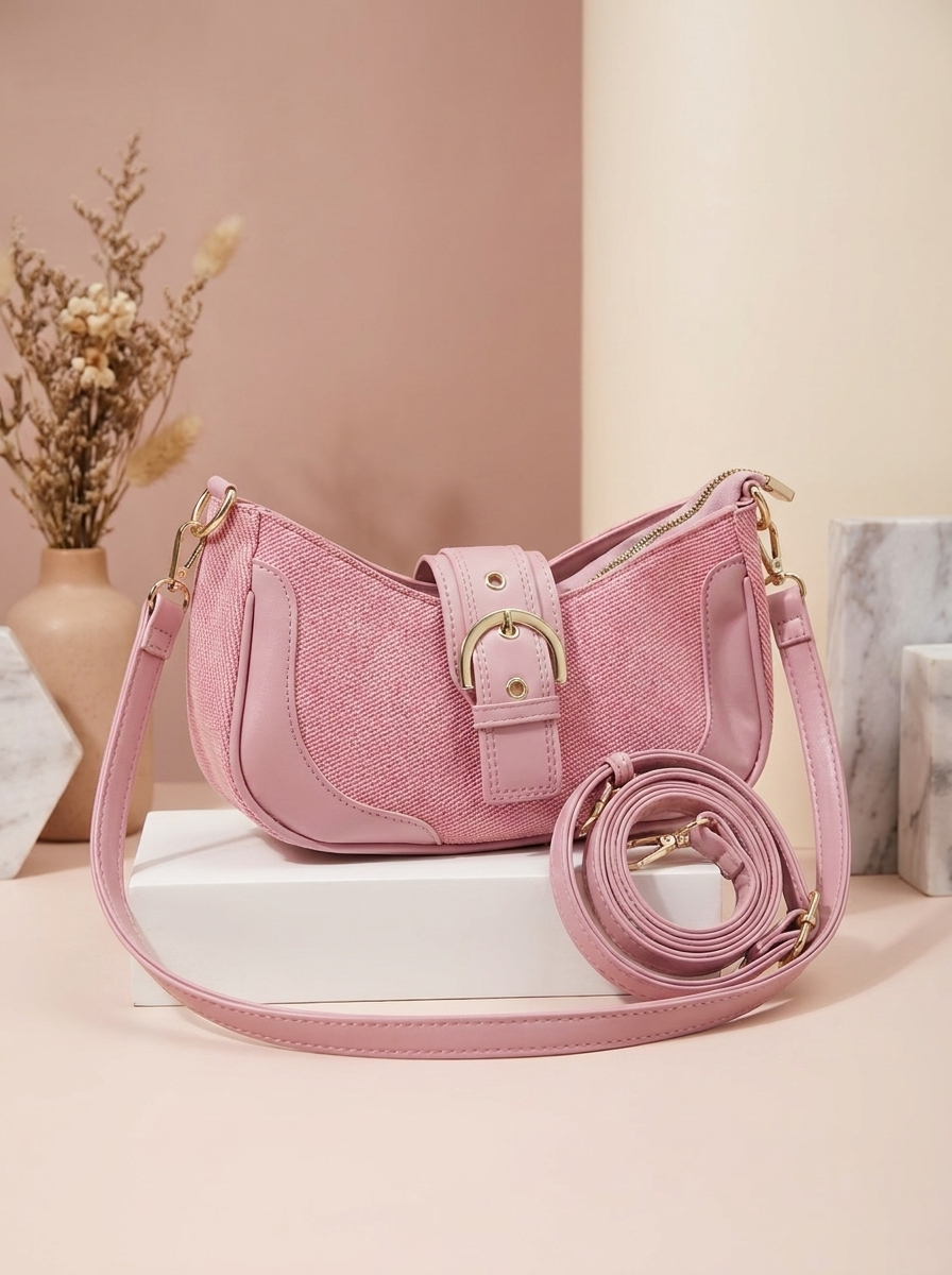 Chic Crescent Shoulder Bag with Buckle Accent - Adjustable Crossbody