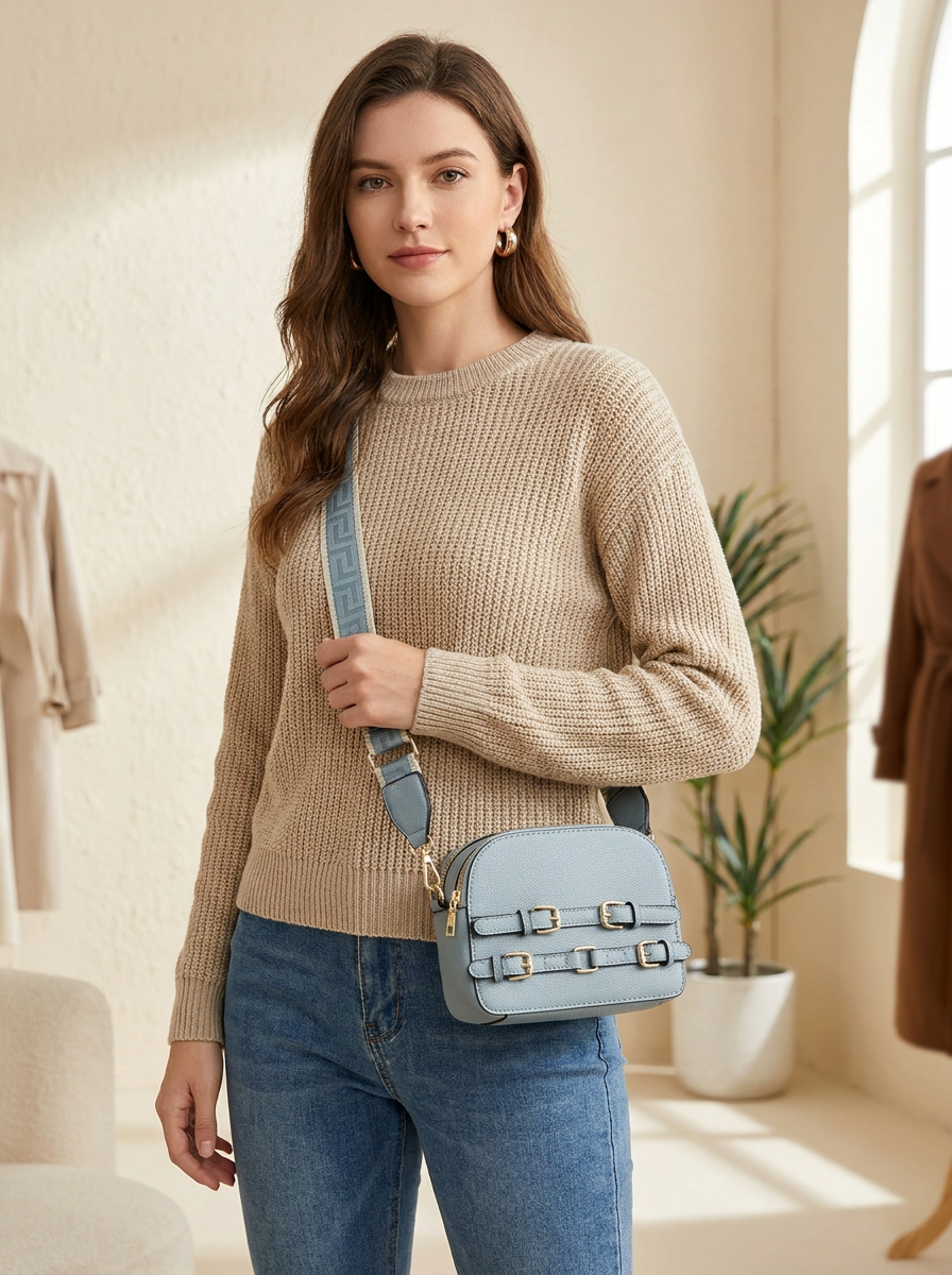 Women's Pebbled Crossbody Bag with Gold Buckles & Patterned Strap