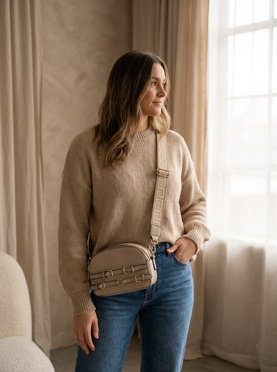 Women's Pebbled Crossbody Bag with Gold Buckles & Patterned Strap