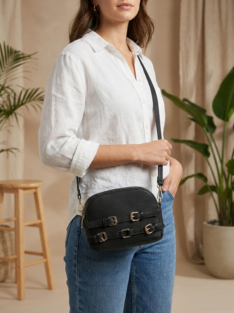 Women's Pebbled Crossbody Bag with Gold Buckles & Patterned Strap