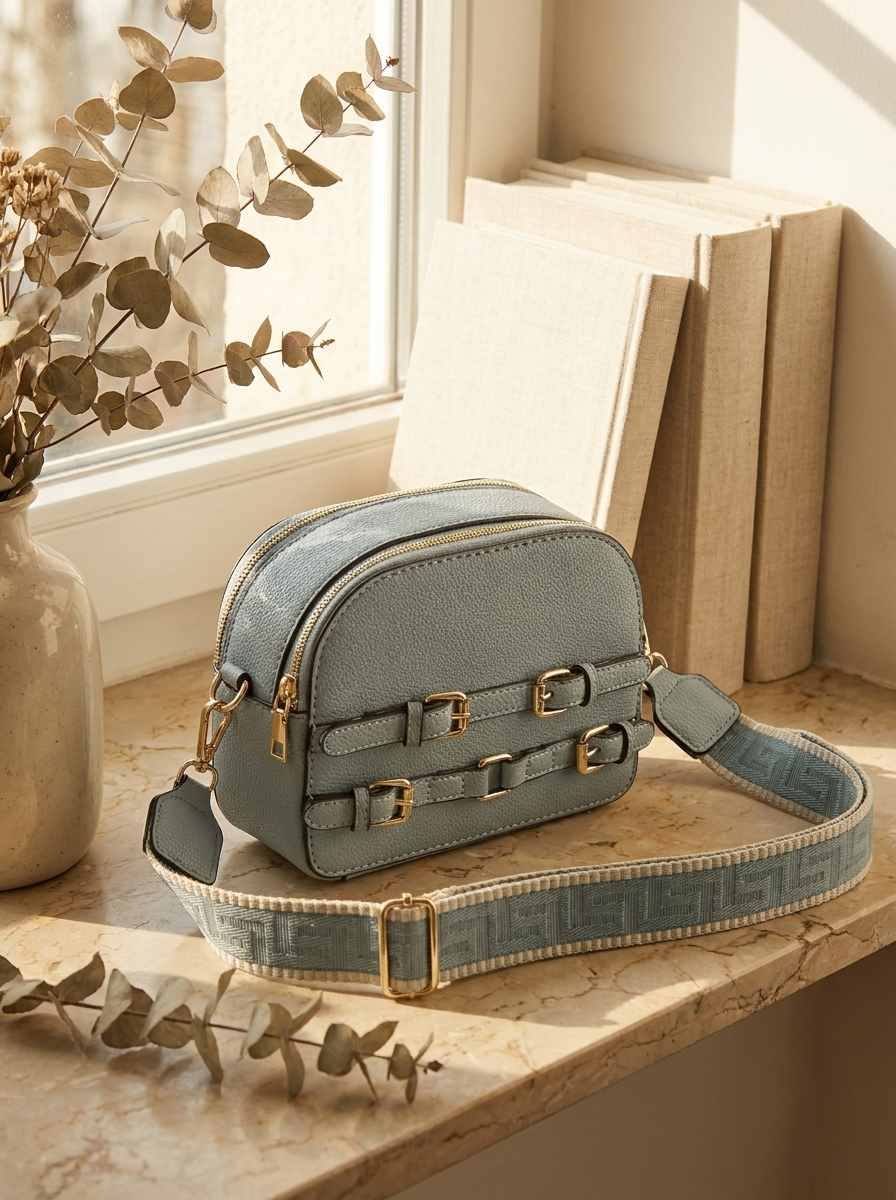 Women's Pebbled Crossbody Bag with Gold Buckles & Patterned Strap