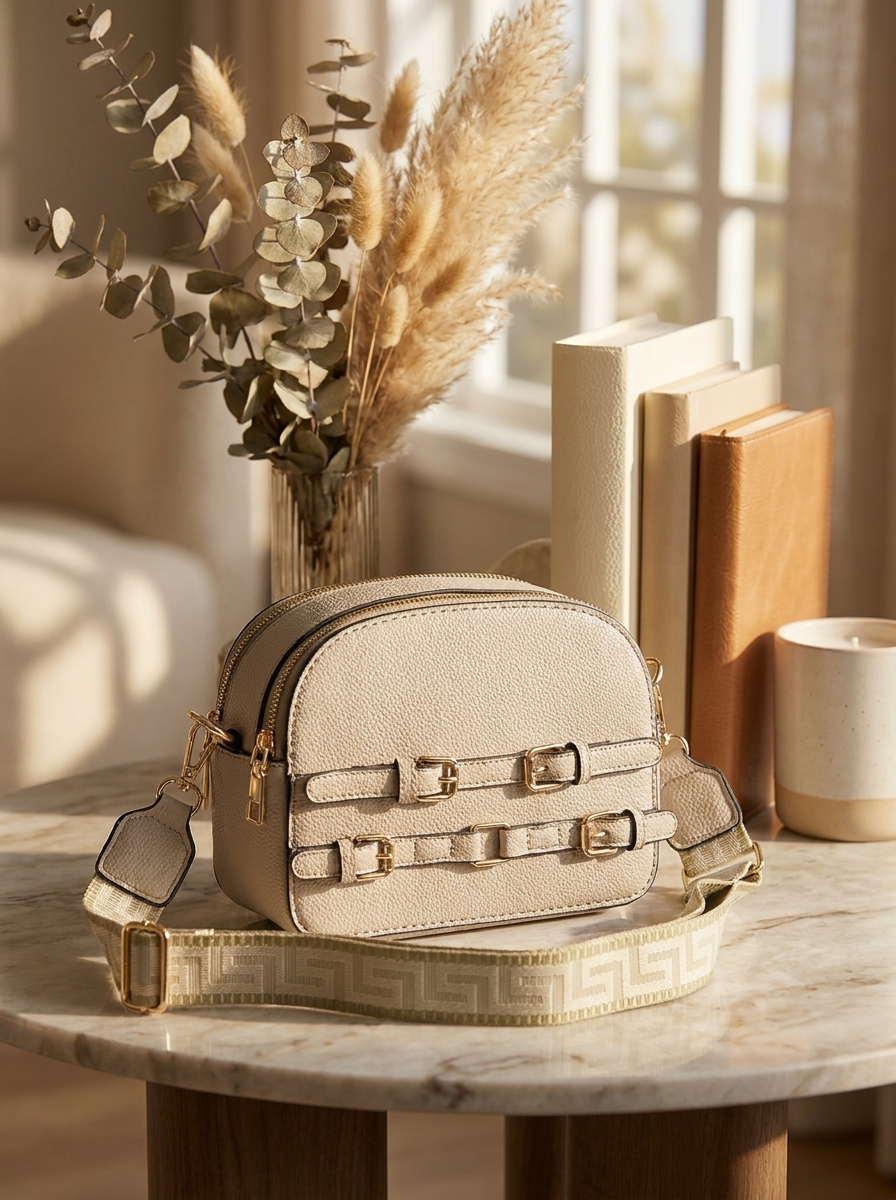 Women's Pebbled Crossbody Bag with Gold Buckles & Patterned Strap