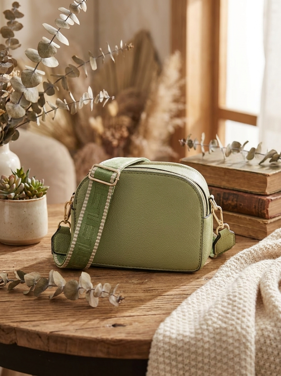 Women's Pebbled Crossbody Bag with Gold Buckles & Patterned Strap