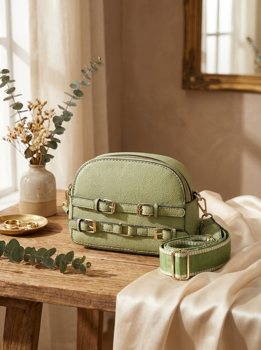 Women's Pebbled Crossbody Bag with Gold Buckles & Patterned Strap