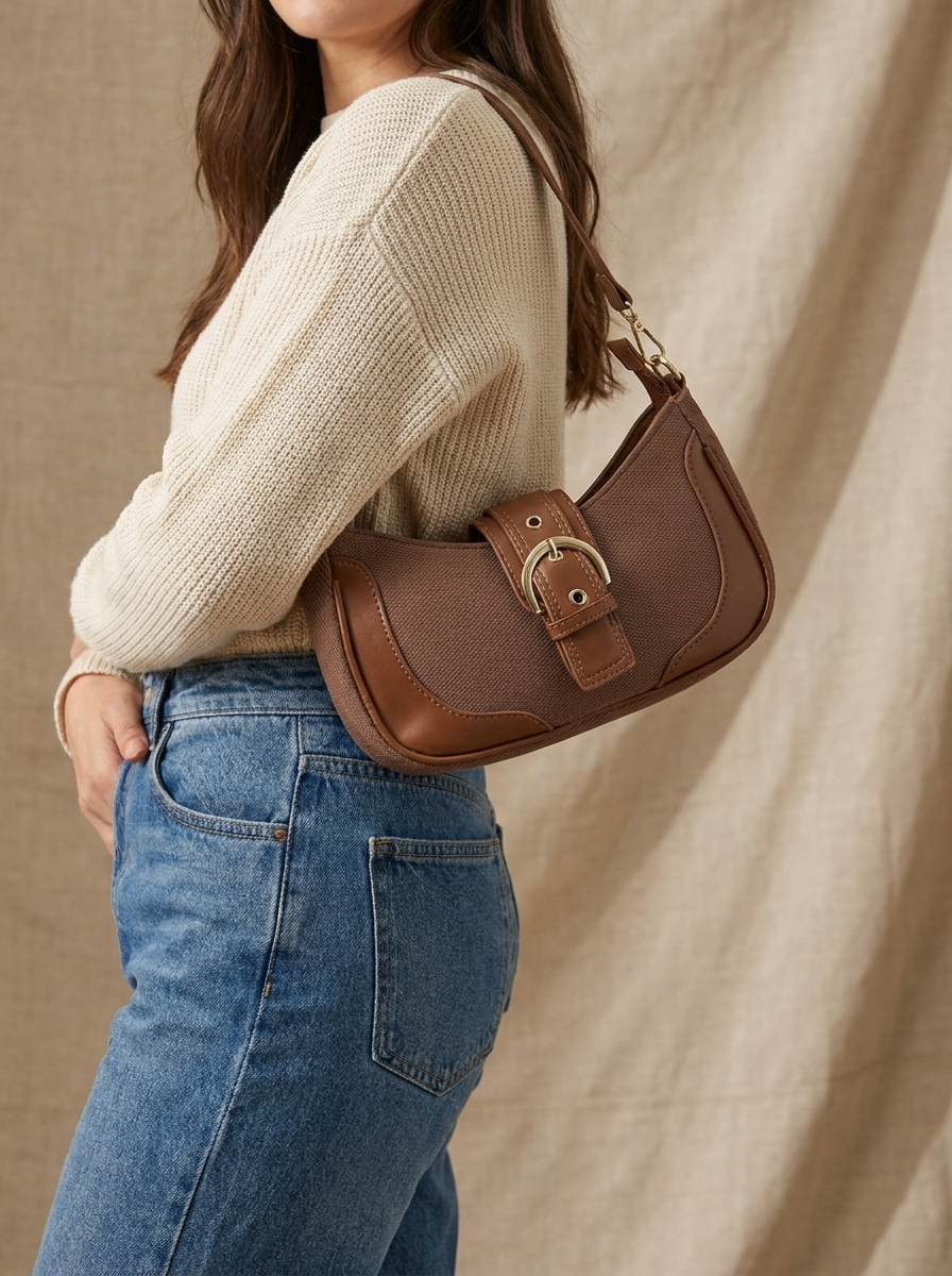 Chic Crescent Shoulder Bag with Buckle Accent - Adjustable Crossbody