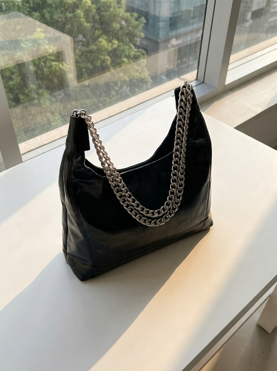 Glossy Shoulder Bag with Chunky Silver Chain