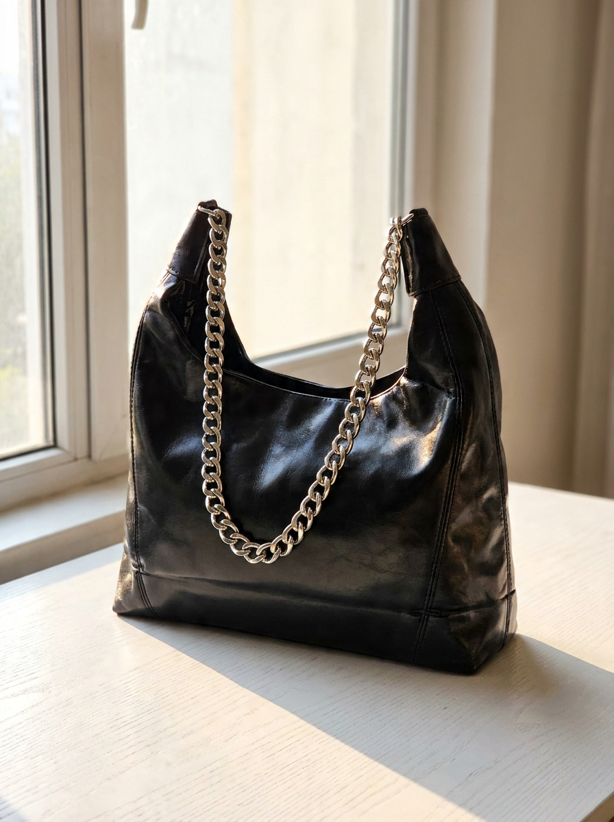 Glossy Shoulder Bag with Chunky Silver Chain