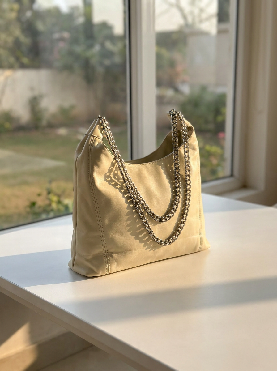 Glossy Shoulder Bag with Chunky Silver Chain