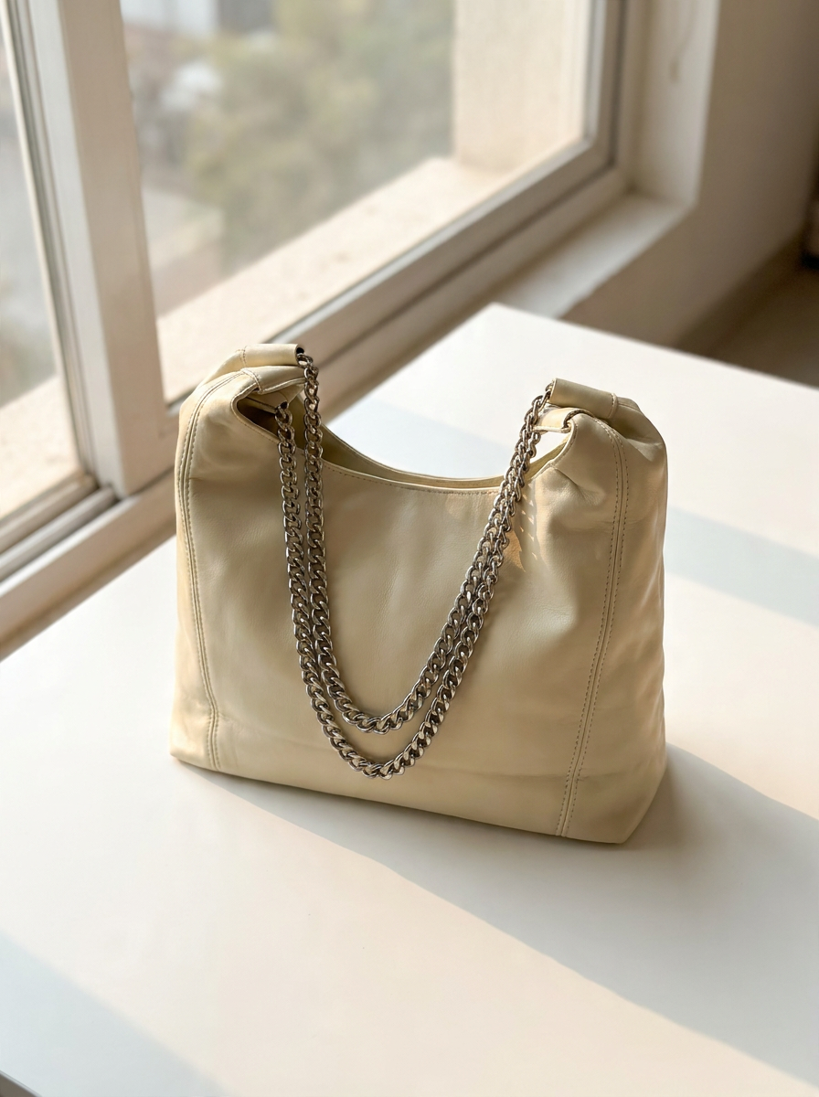Glossy Shoulder Bag with Chunky Silver Chain