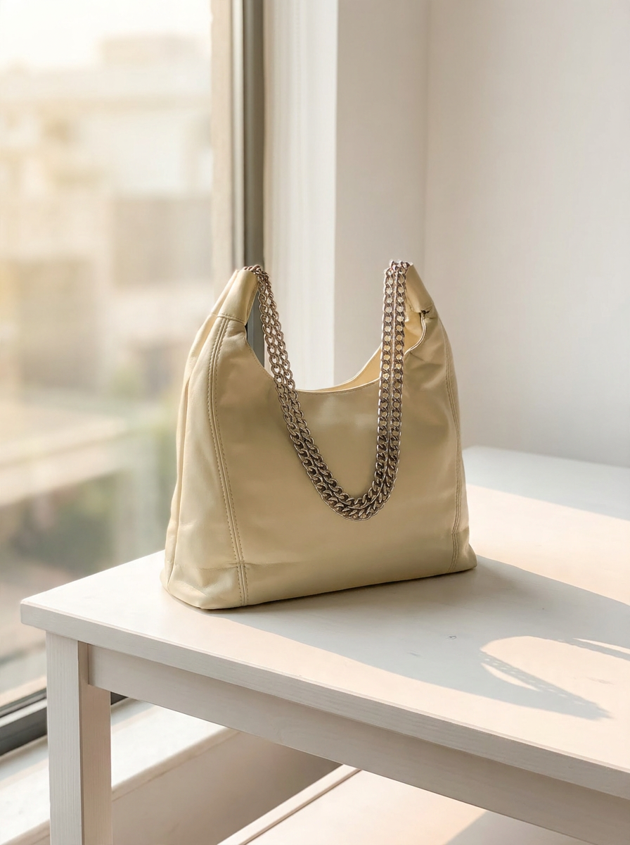 Glossy Shoulder Bag with Chunky Silver Chain