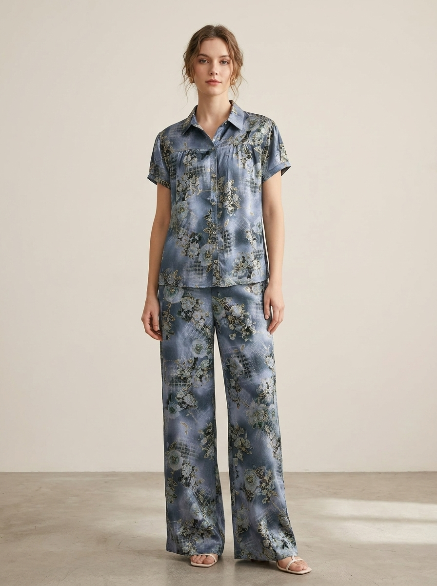 Women's Luxury Floral Satin Pajama Set – 2-Piece Short Sleeve & Wide-Leg Loungewear
