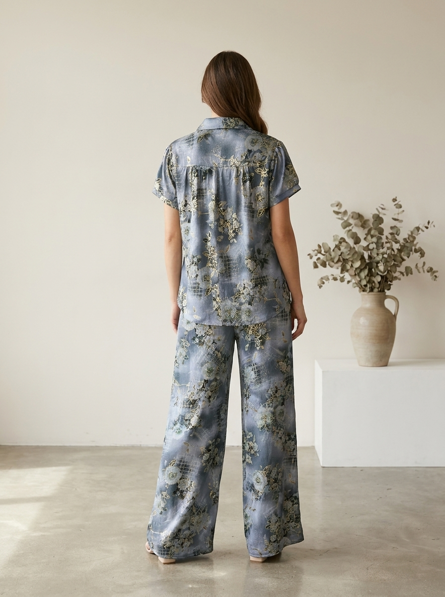 Women's Luxury Floral Satin Pajama Set – 2-Piece Short Sleeve & Wide-Leg Loungewear