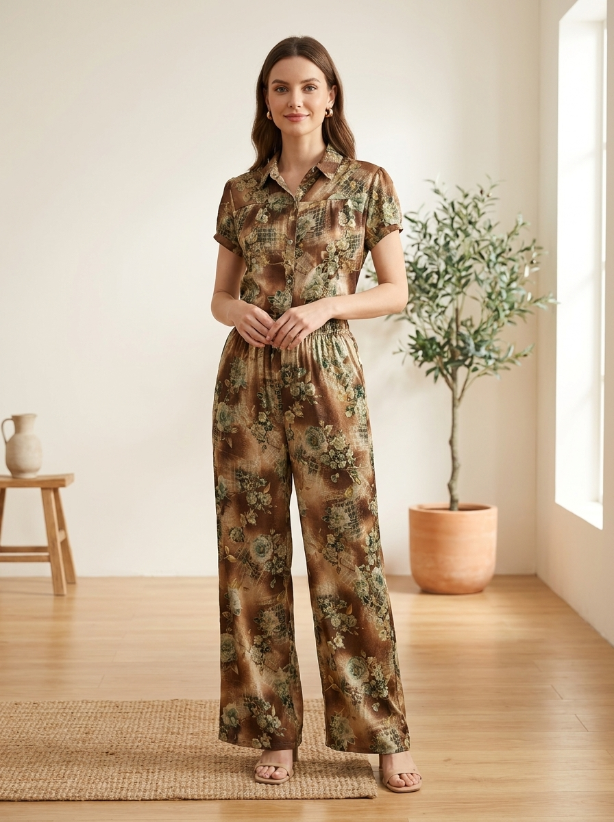 Women's Luxury Floral Satin Pajama Set – 2-Piece Short Sleeve & Wide-Leg Loungewear