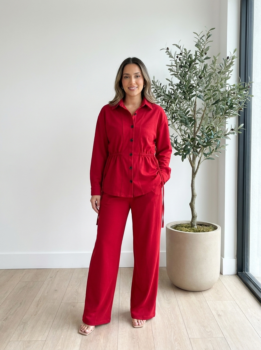 Women's 2-Piece Adjustable Drawstring Button-Down Shirt & Wide-Leg Pants Co-ord Set