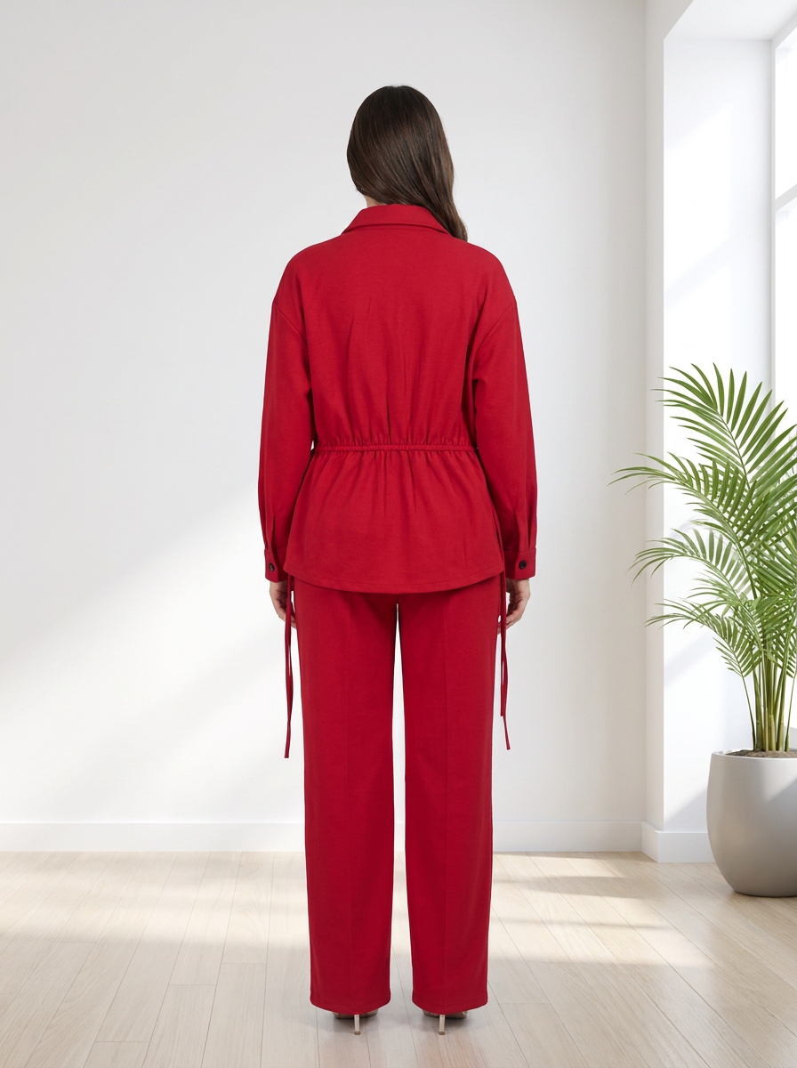 Women's 2-Piece Adjustable Drawstring Button-Down Shirt & Wide-Leg Pants Co-ord Set