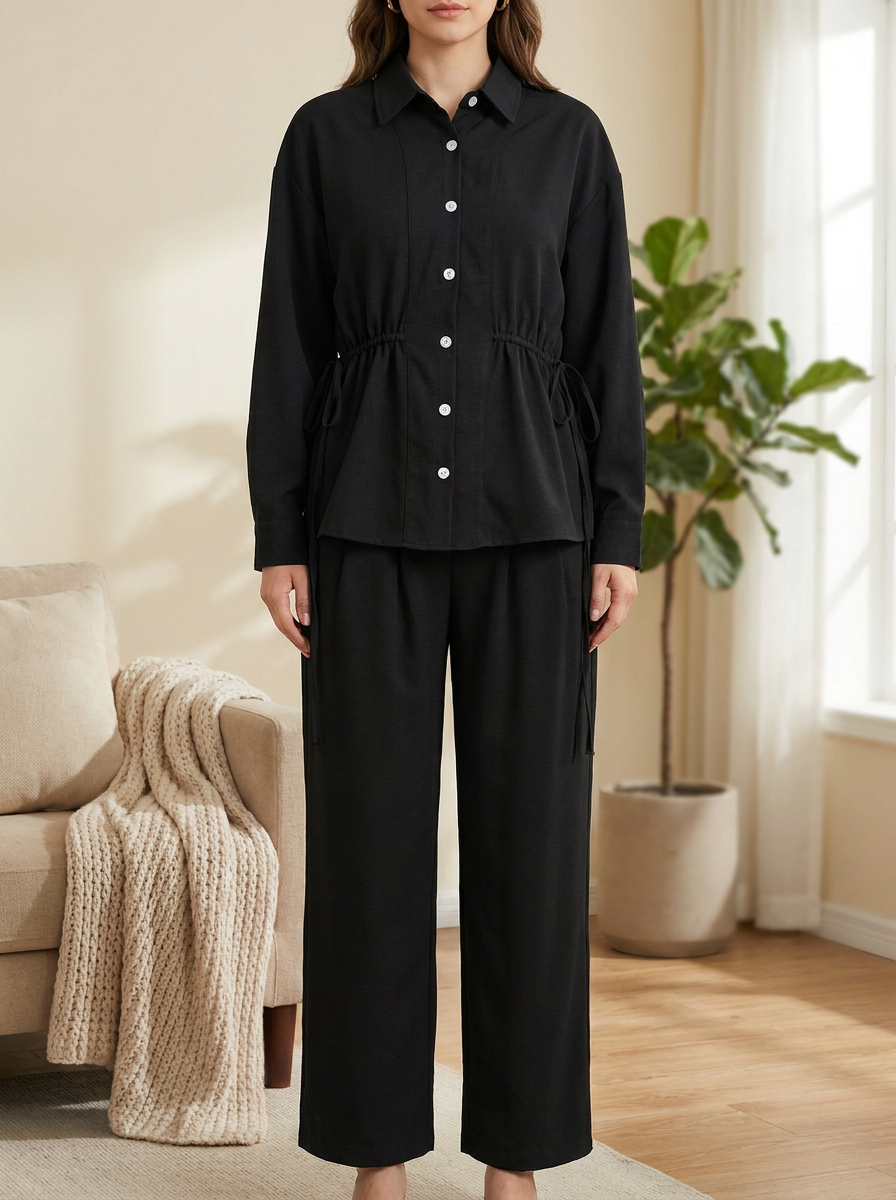 Women's 2-Piece Adjustable Drawstring Button-Down Shirt & Wide-Leg Pants Co-ord Set