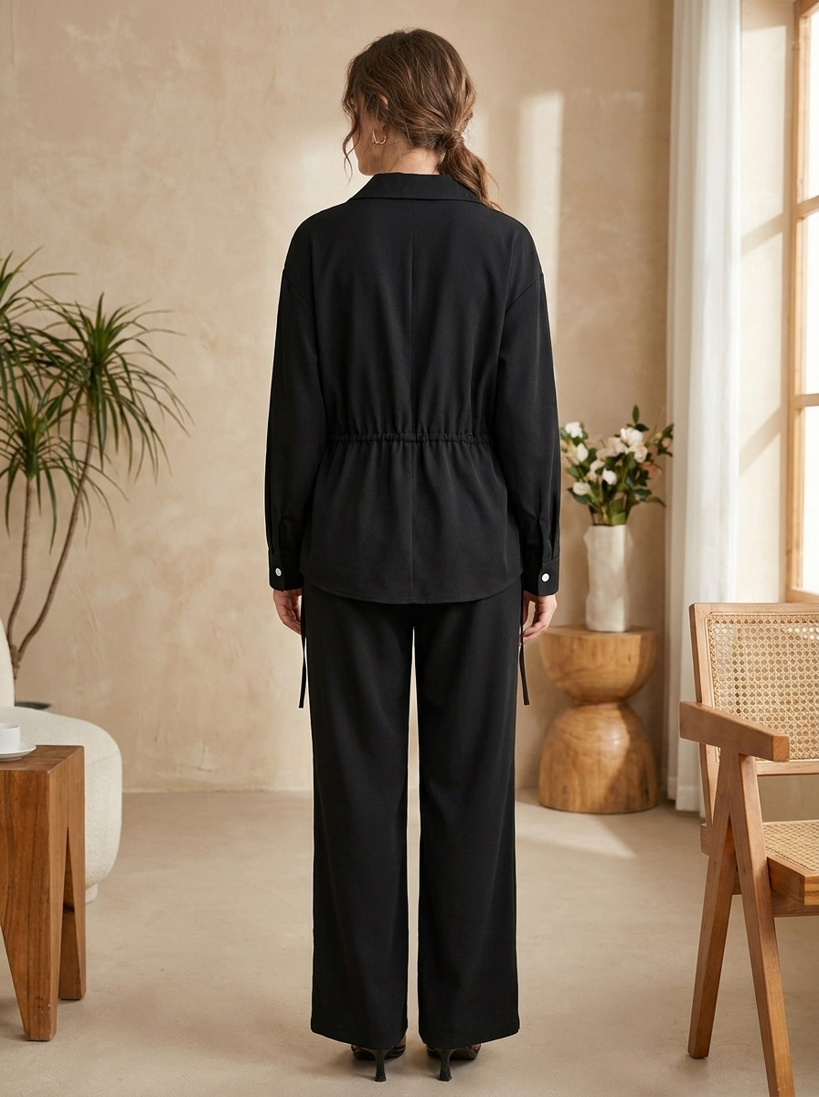 Women's 2-Piece Adjustable Drawstring Button-Down Shirt & Wide-Leg Pants Co-ord Set