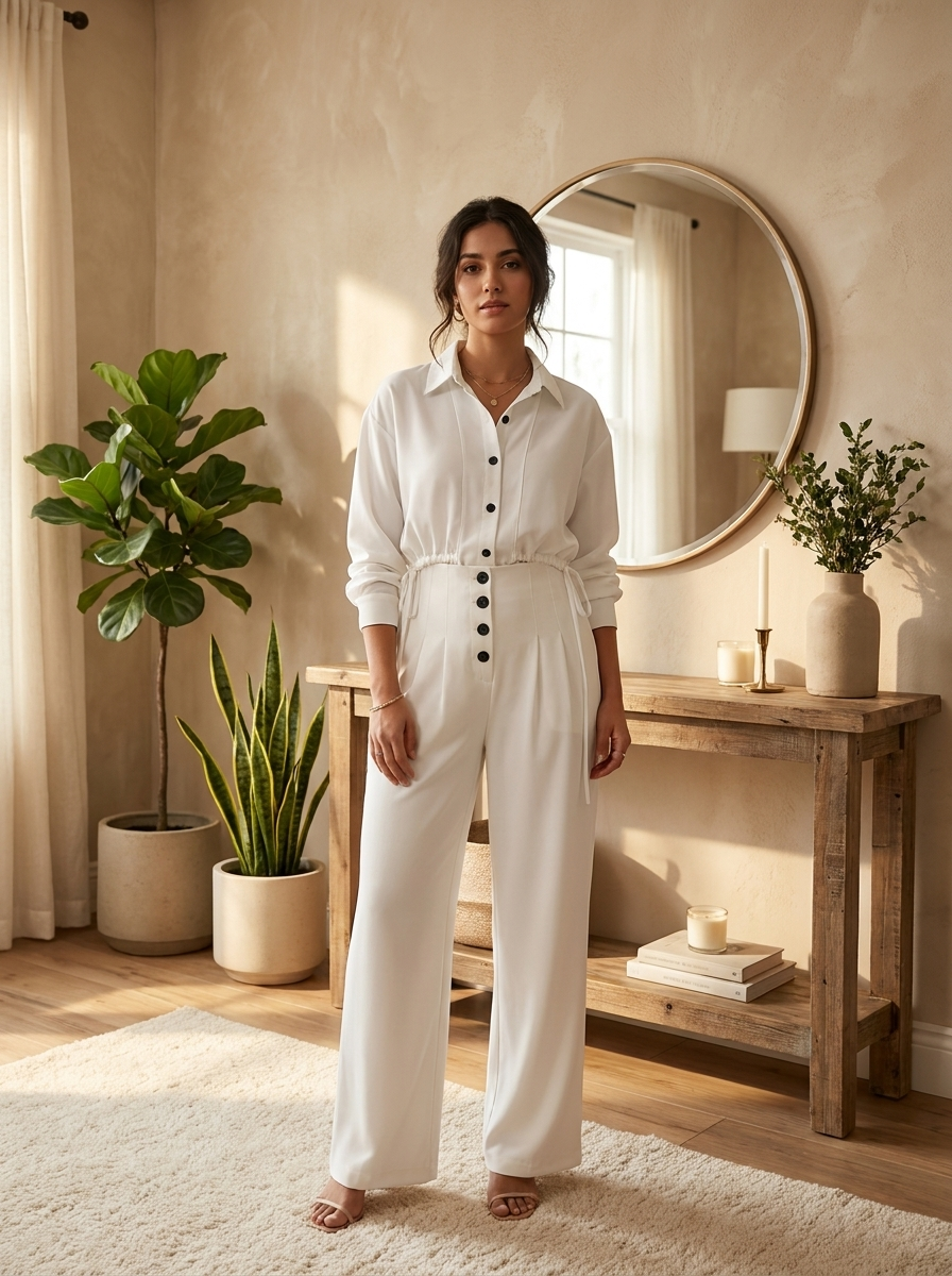 Women's 2-Piece Adjustable Drawstring Button-Down Shirt & Wide-Leg Pants Co-ord Set