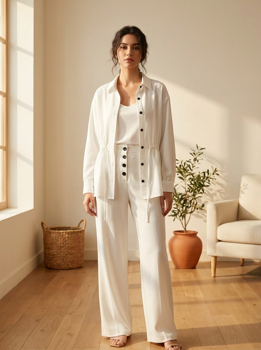 Women's 2-Piece Adjustable Drawstring Button-Down Shirt & Wide-Leg Pants Co-ord Set
