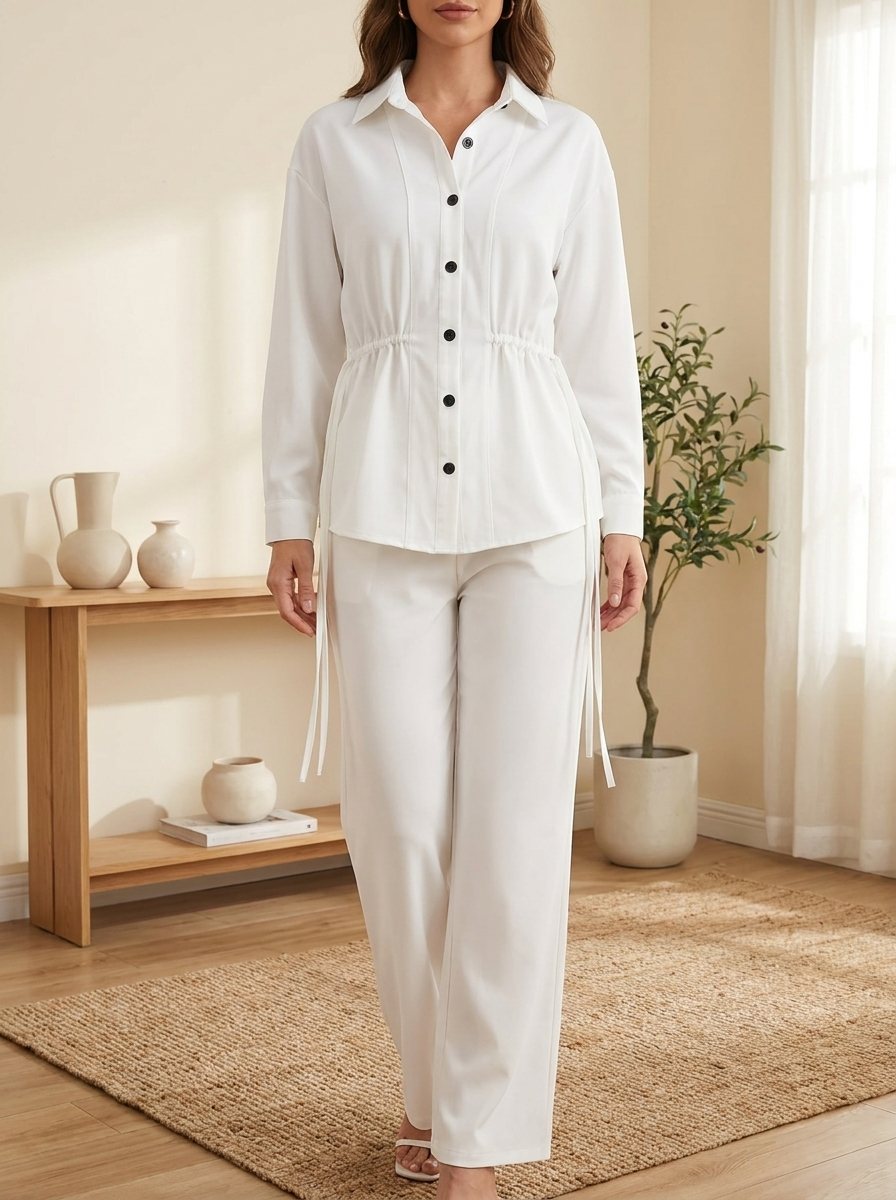 Women's 2-Piece Adjustable Drawstring Button-Down Shirt & Wide-Leg Pants Co-ord Set