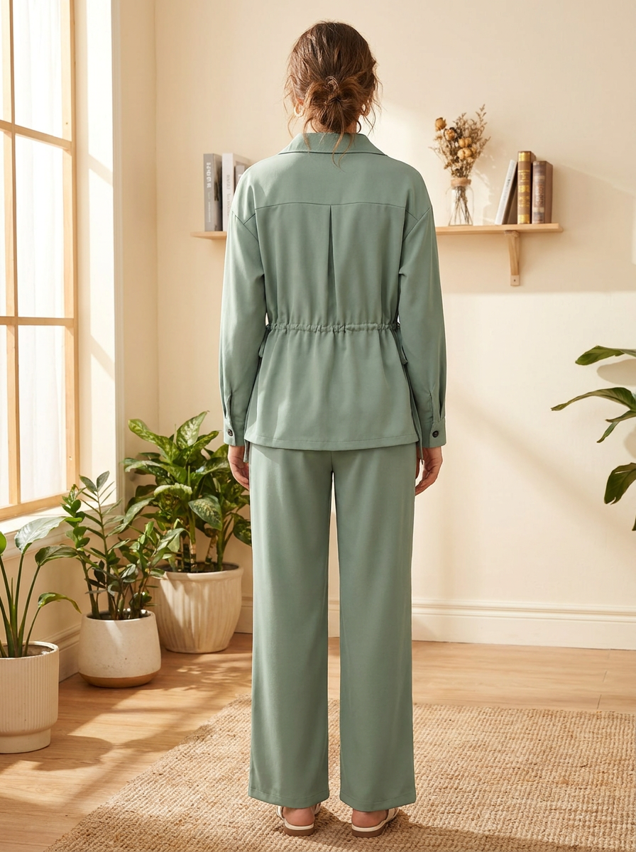 Women's 2-Piece Adjustable Drawstring Button-Down Shirt & Wide-Leg Pants Co-ord Set