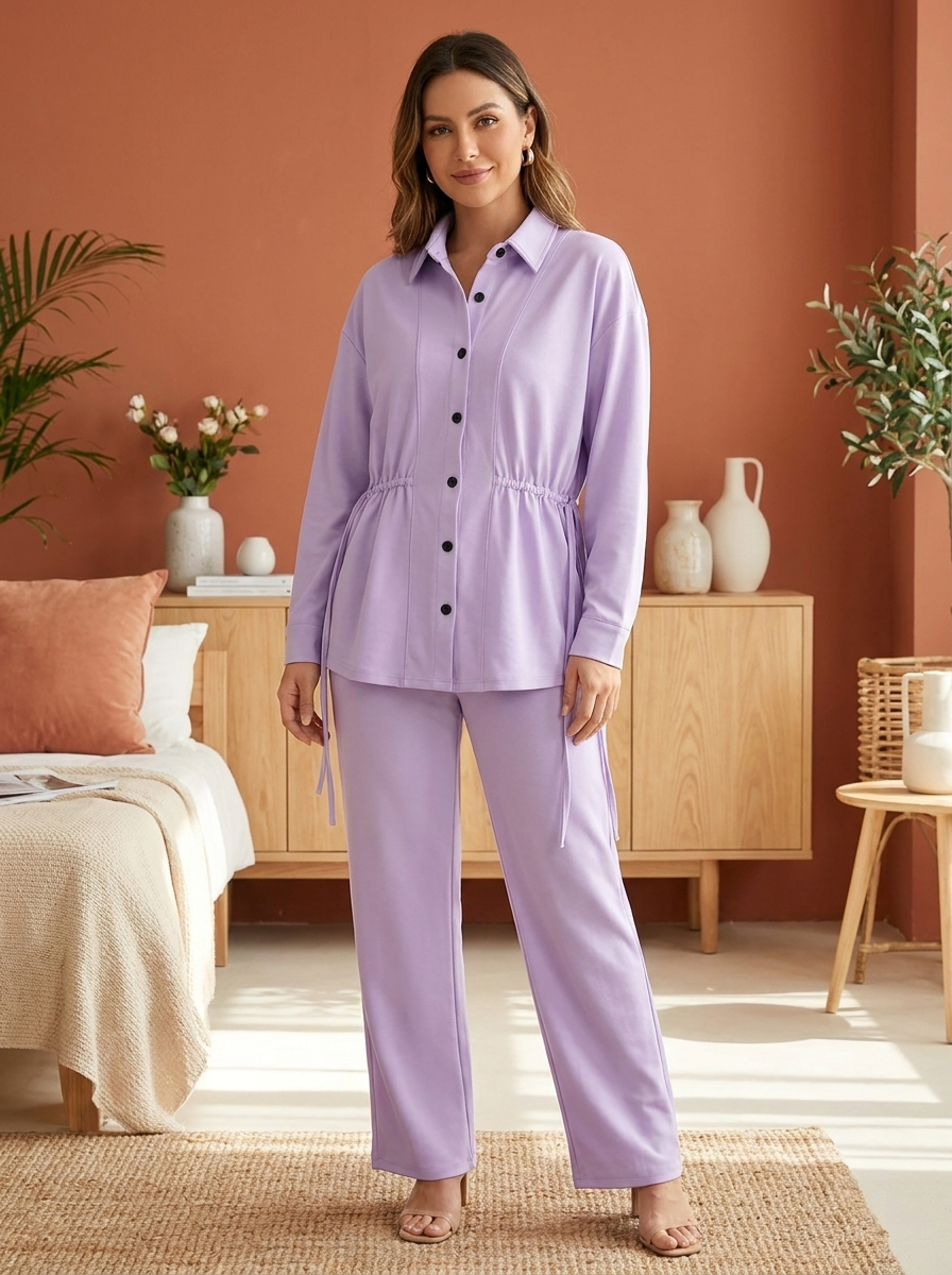 Women's 2-Piece Adjustable Drawstring Button-Down Shirt & Wide-Leg Pants Co-ord Set