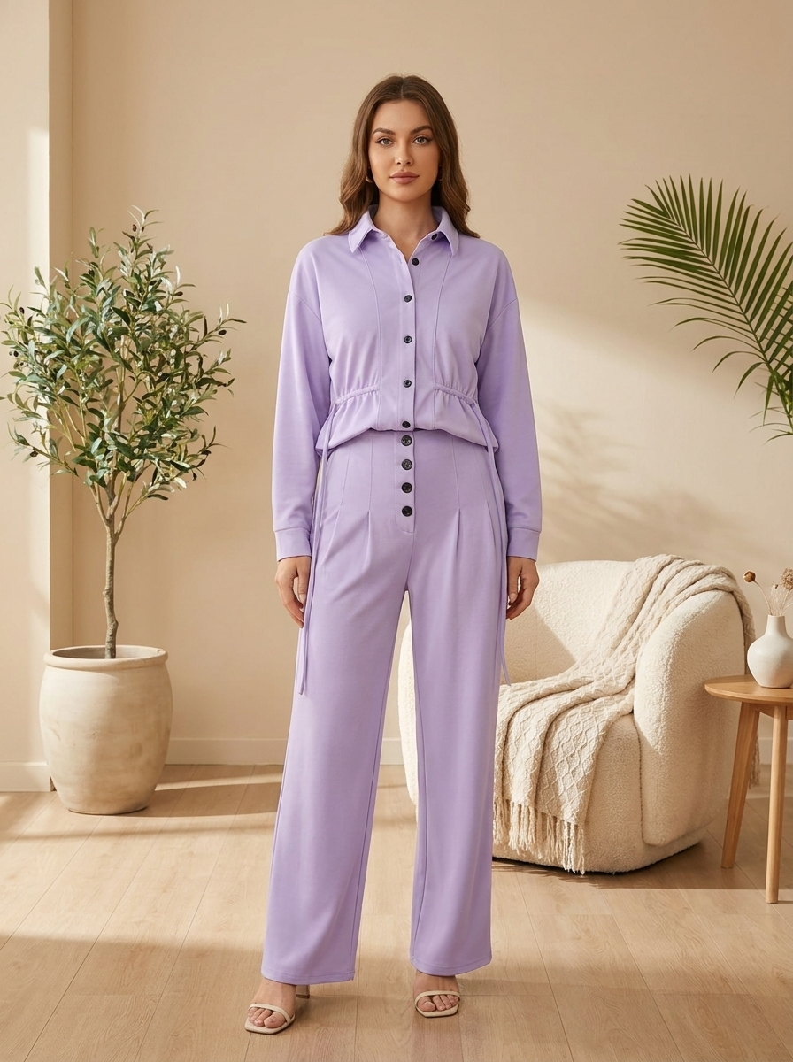 Women's 2-Piece Adjustable Drawstring Button-Down Shirt & Wide-Leg Pants Co-ord Set