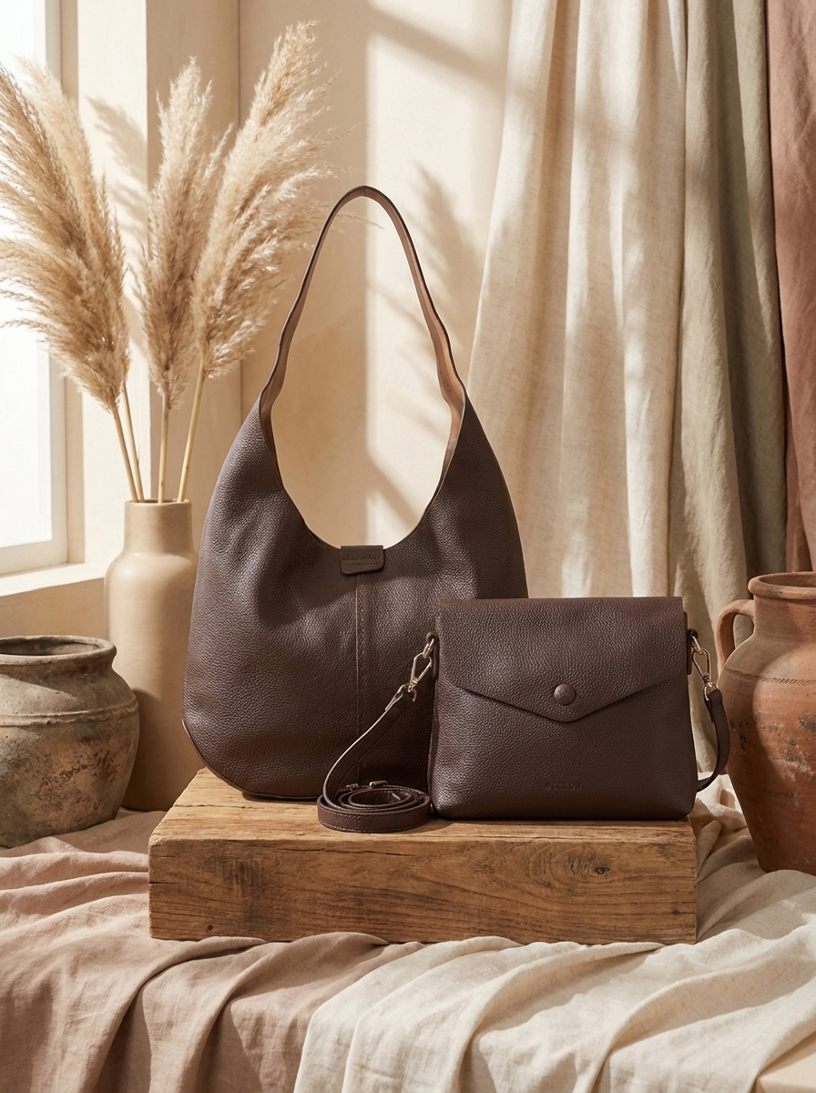 Women's Minimalist Hobo Shoulder Bag with small bag – 2 Piece Set