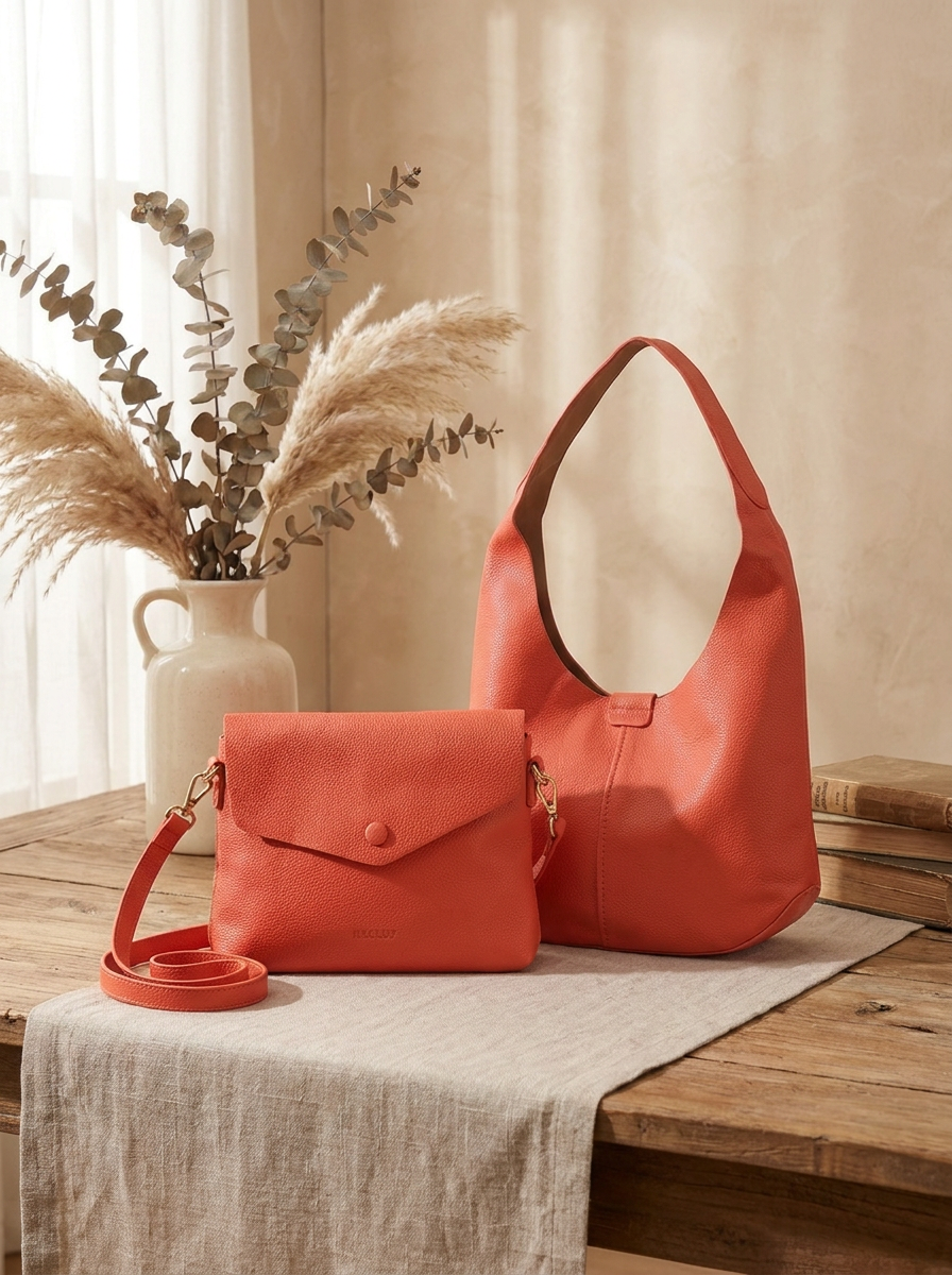 Women's Minimalist Hobo Shoulder Bag with small bag – 2 Piece Set