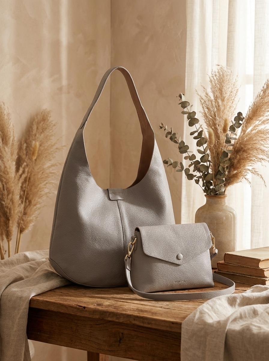 Women's Minimalist Hobo Shoulder Bag with small bag – 2 Piece Set