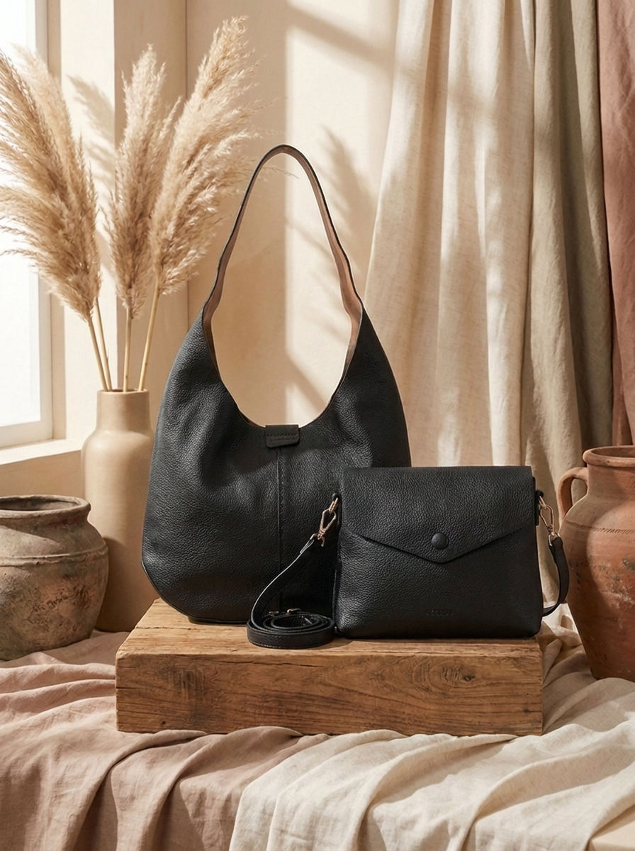 Women's Minimalist Hobo Shoulder Bag with small bag – 2 Piece Set