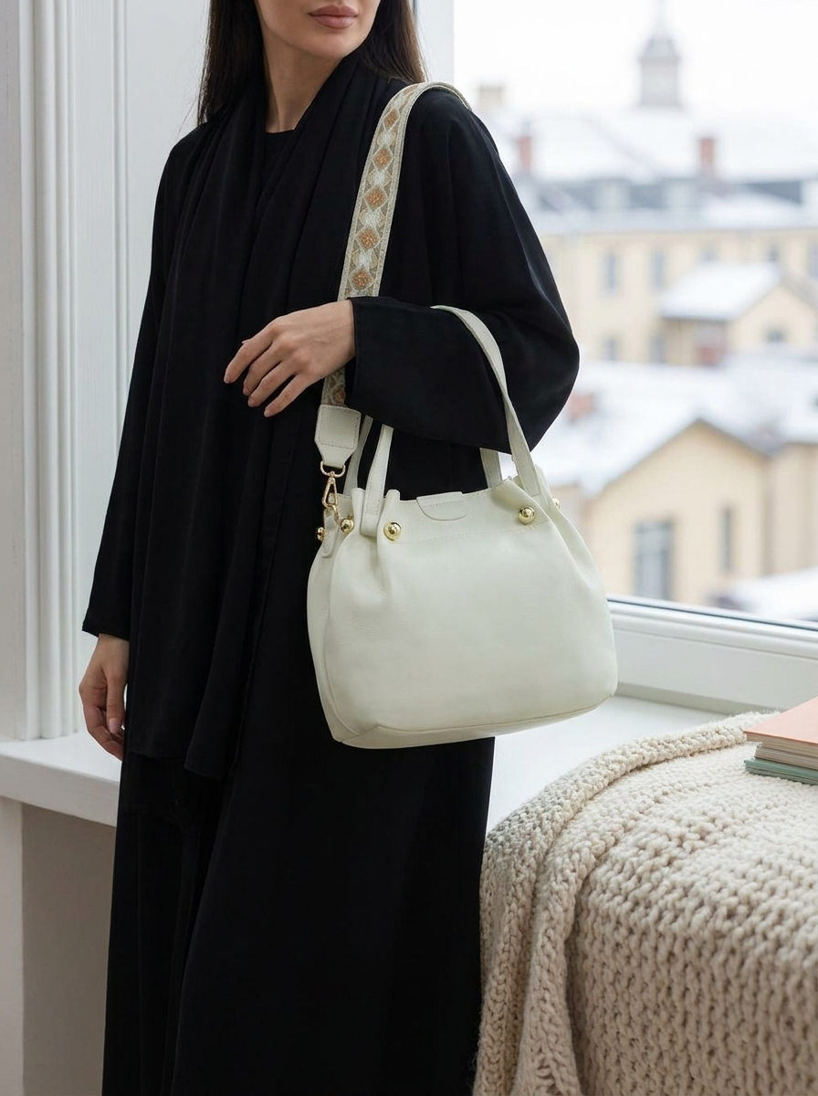 Elegant Small Tote Handbag for Women – Soft Leather Shoulder Bag with Detachable Scarf Accent