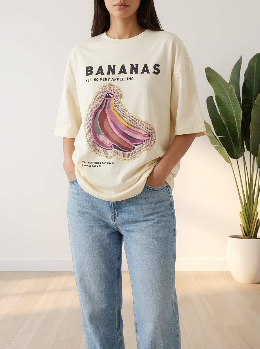Women's Oversized Light Blue Graphic T-Shirt - "Bananas" Graphic Tee